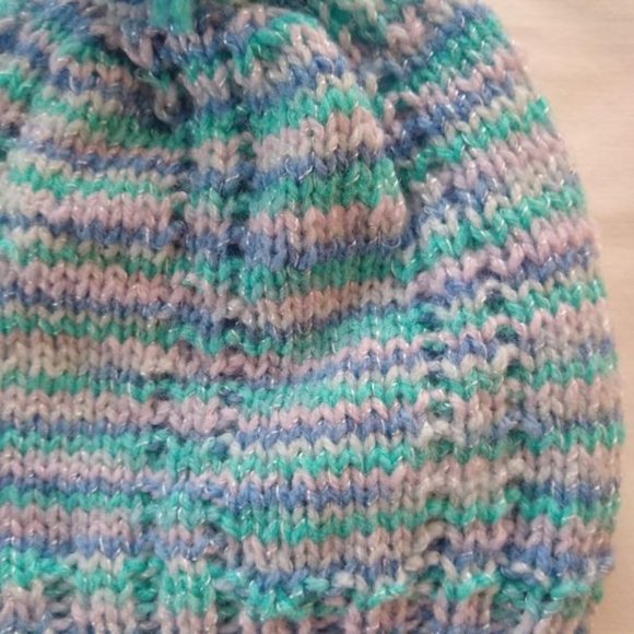 HandKnit Baby Cap Blue Multicolor with PomPom 0-3 Mon Infant Beanie - Picture 2 of 5